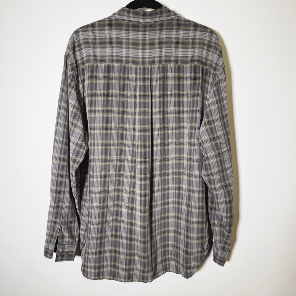 Tommy Bahama - 100% Silk Plaid Shirt - Lightweight M - Green/Grey - Wood Buttons - Picture 4 of 6